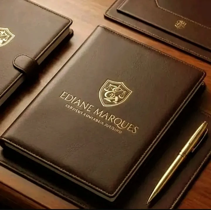 Material institucional Ediane Marques sobre mesa executiva